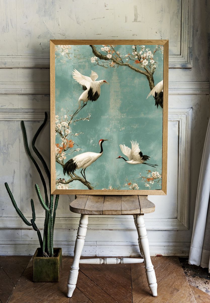 Crane Blossom Garden Print. — room view 1