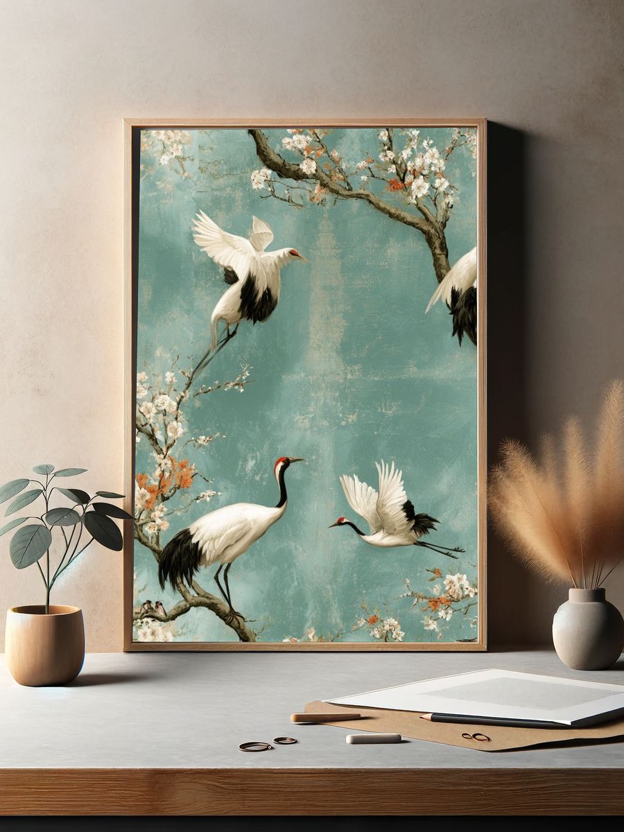 Crane Blossom Garden Print. — room view 2