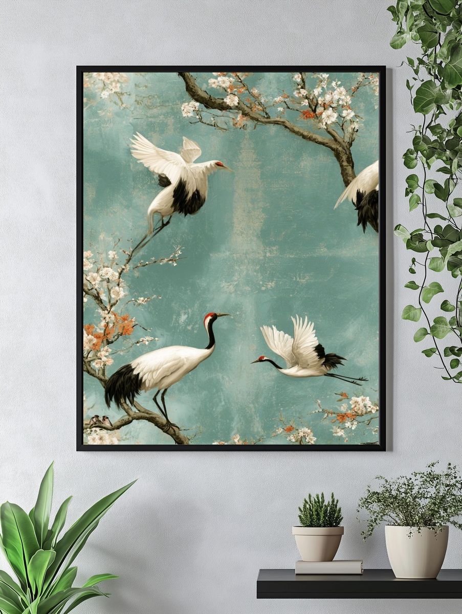 Crane Blossom Garden Print. — room view 4