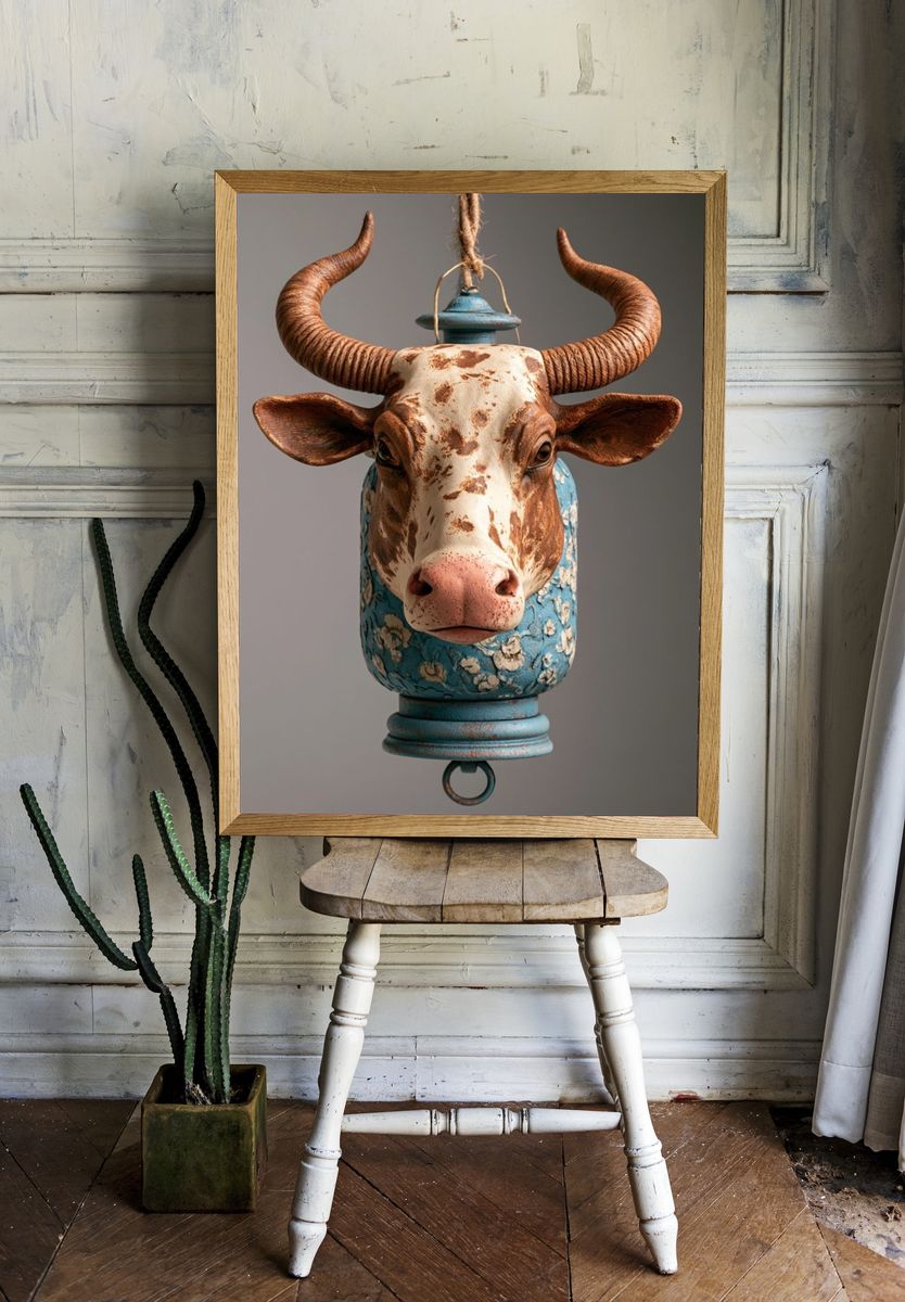 Decorative Cow Head Illustration Poster. — room view 1