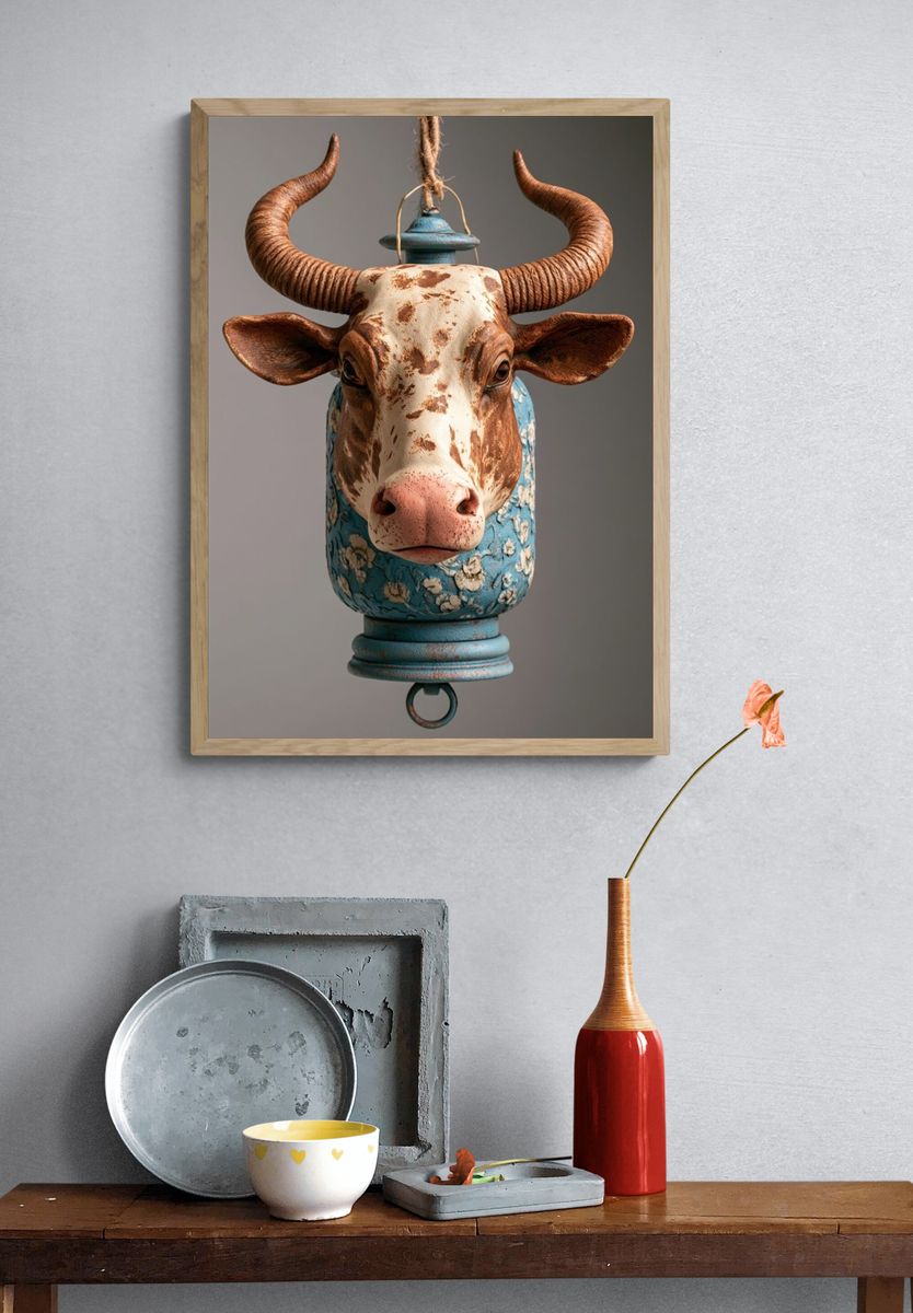 Decorative Cow Head Illustration Poster. — room view 3