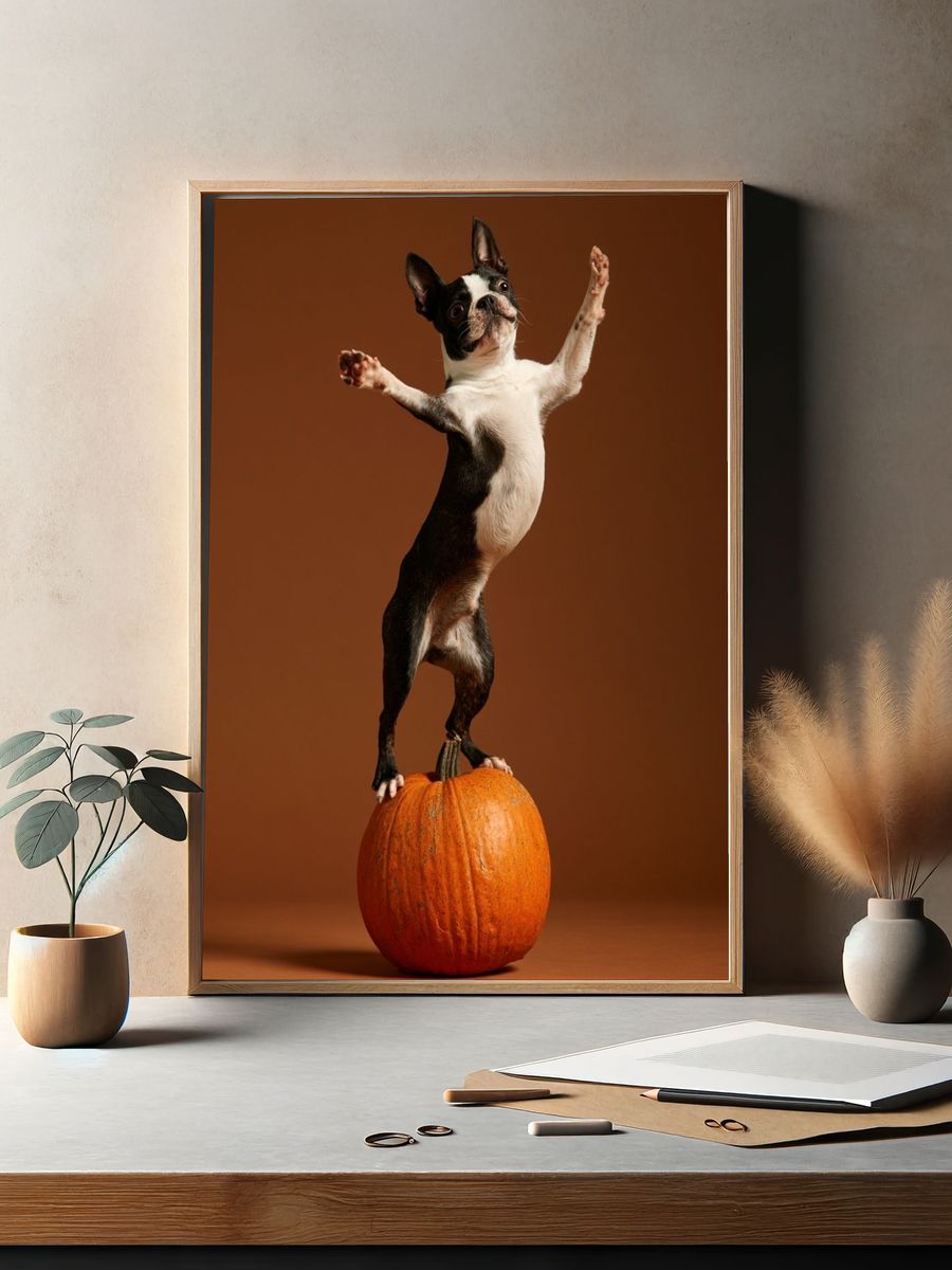 Boston Terrier Pumpkin Balance Poster. — room view 2