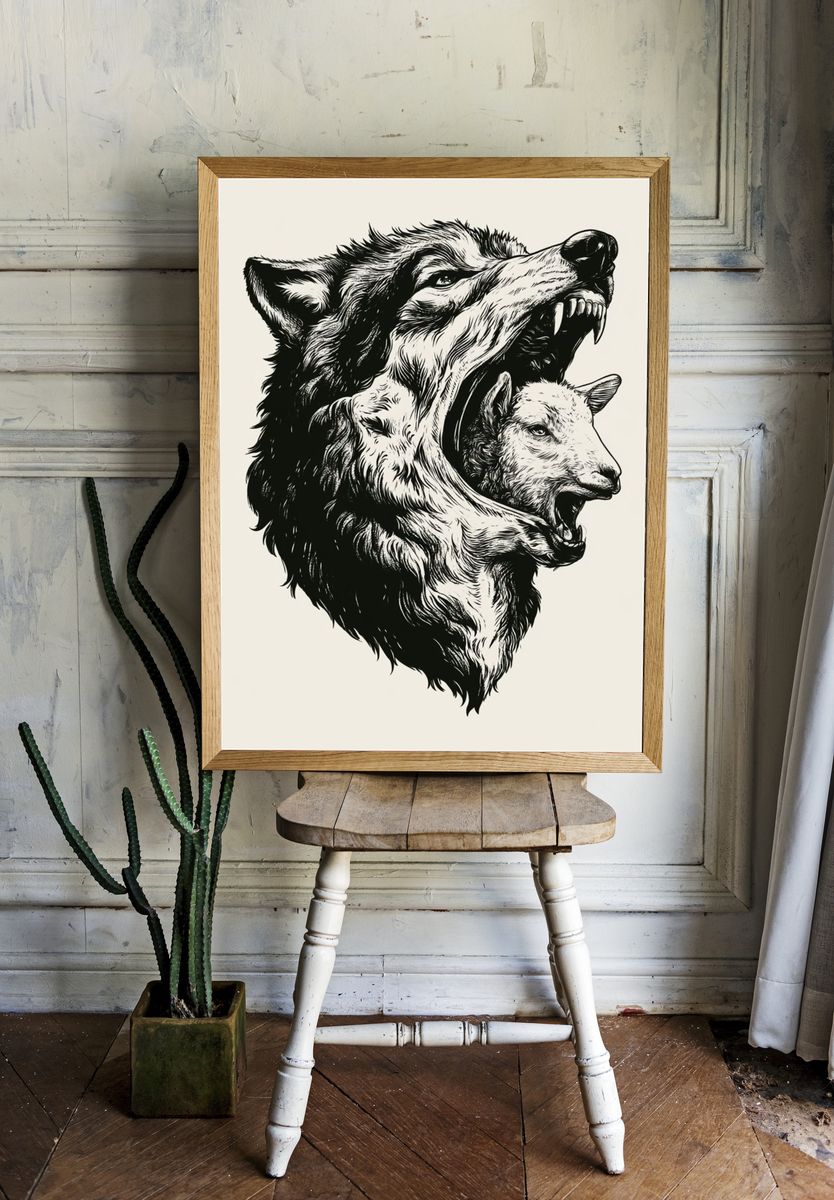 Wolf and Sheep Ink Poster. — room view 1