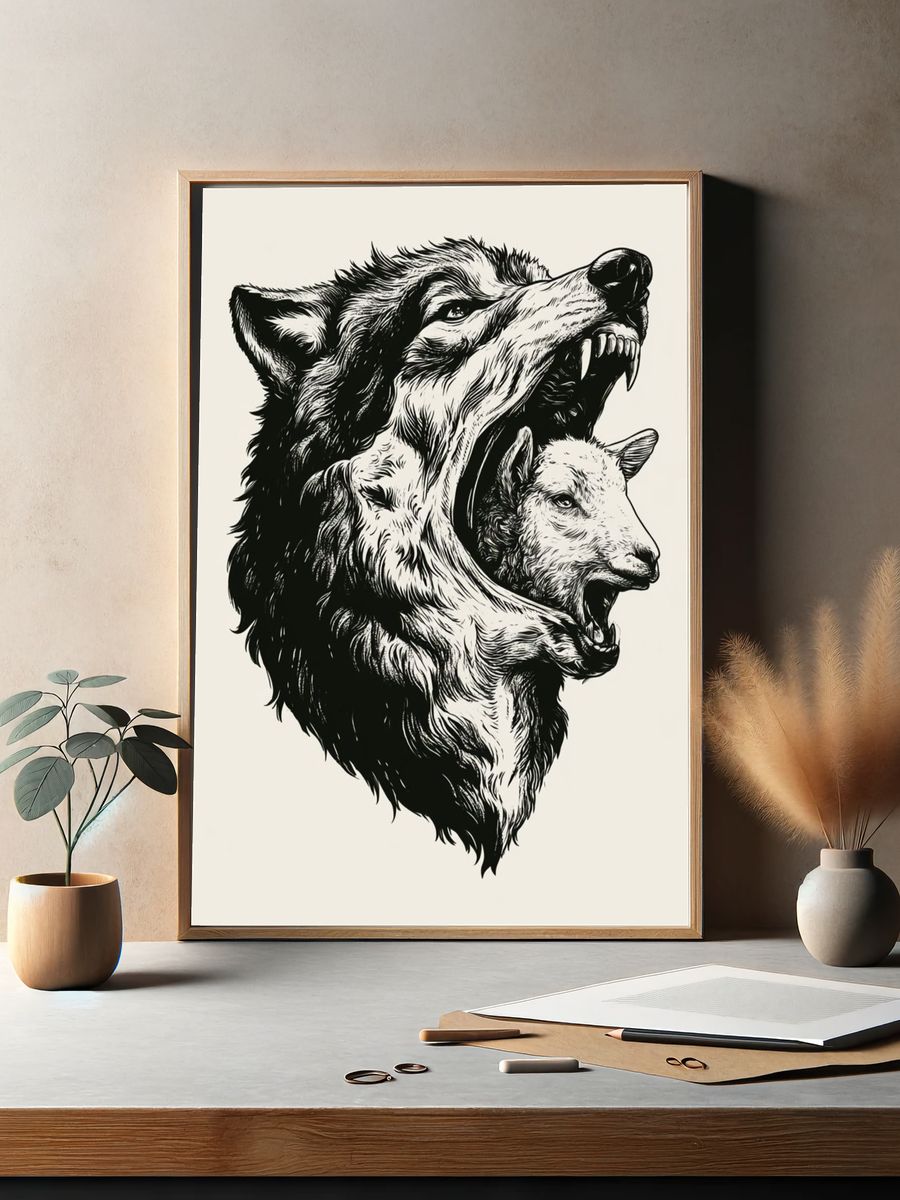 Wolf and Sheep Ink Poster. — room view 2