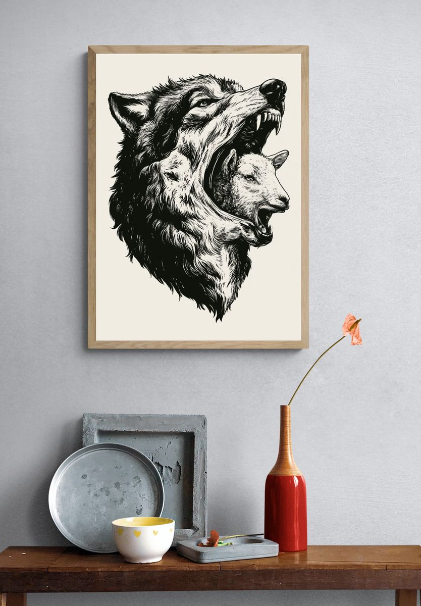 Wolf and Sheep Ink Poster. — room view 3