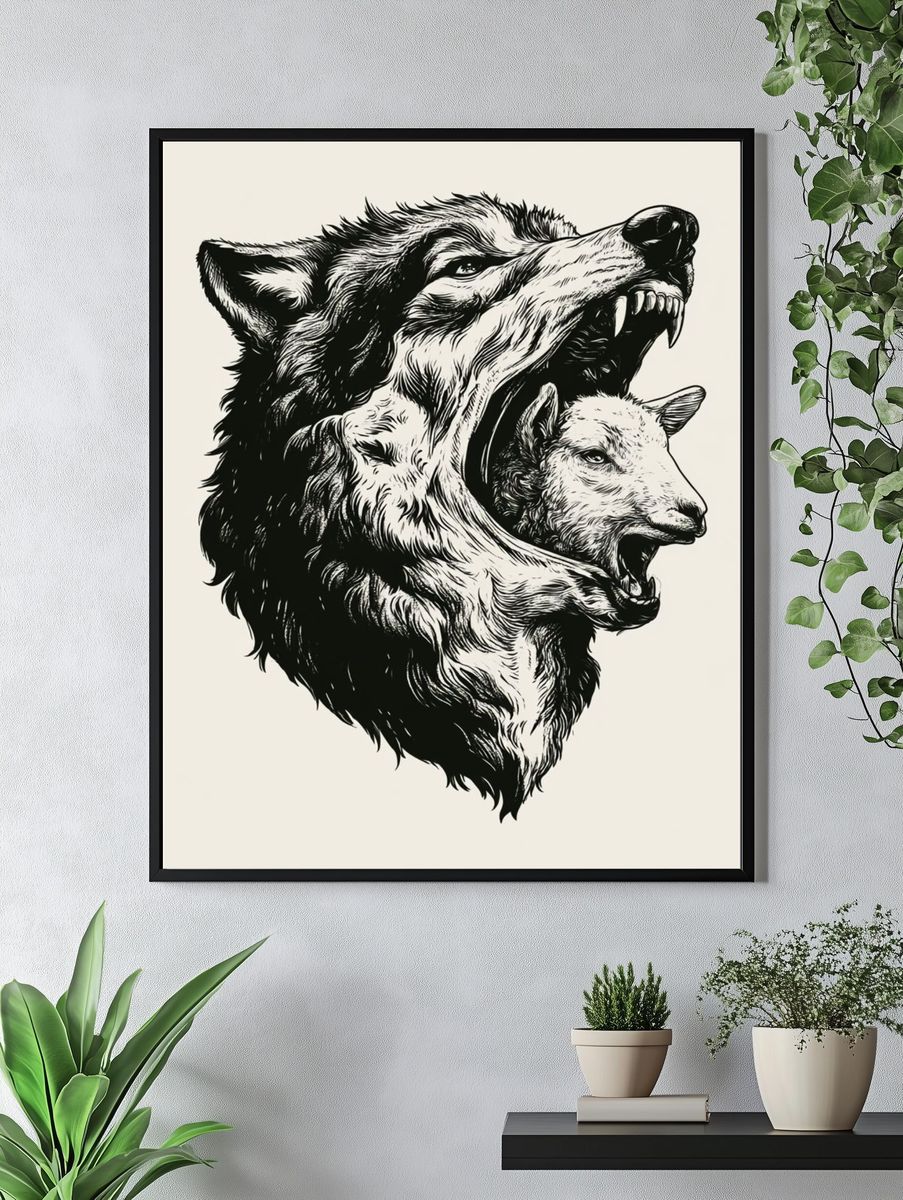 Wolf and Sheep Ink Poster. — room view 4