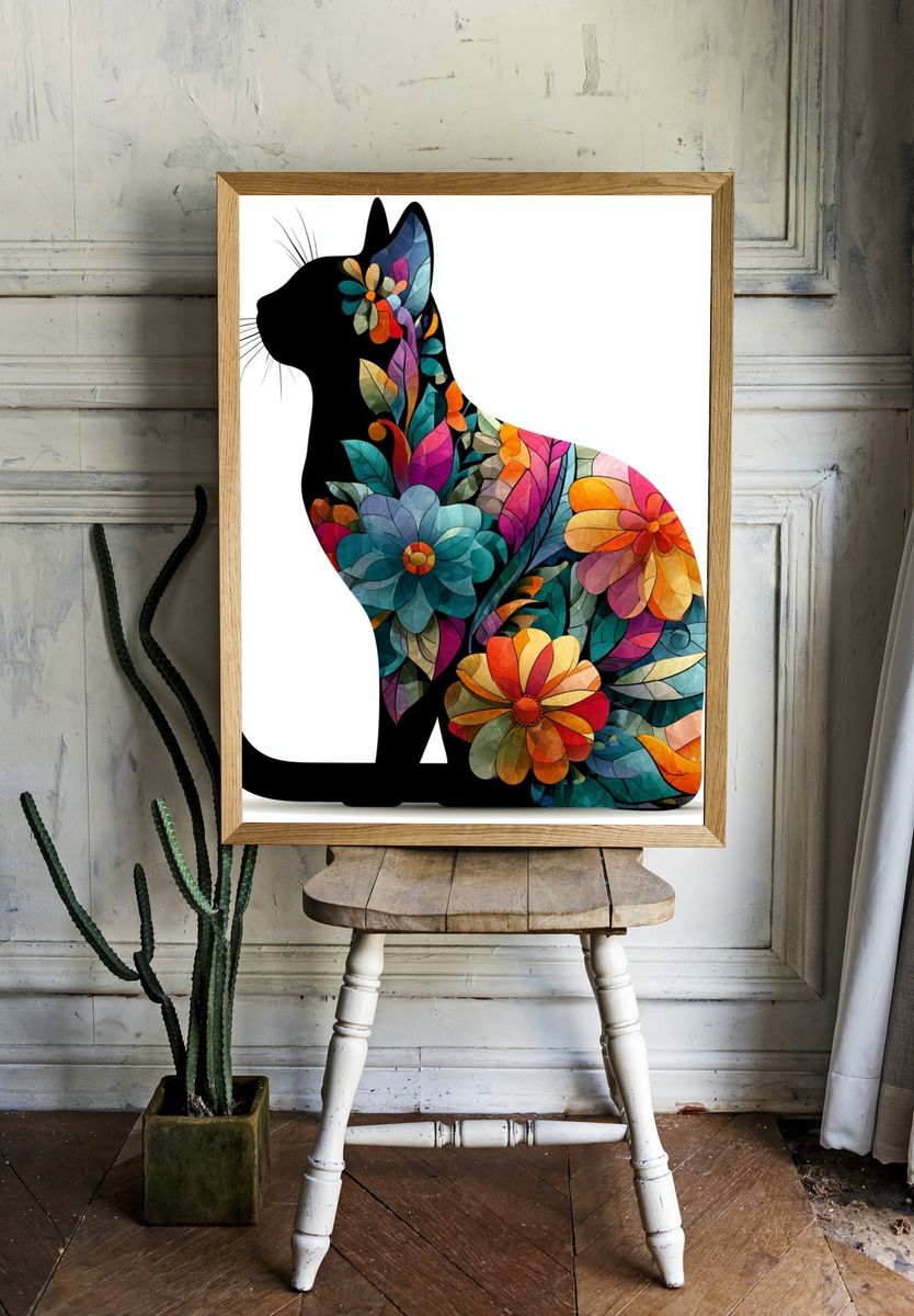 Floral Cat Silhouette Illustration Poster. — room view 1