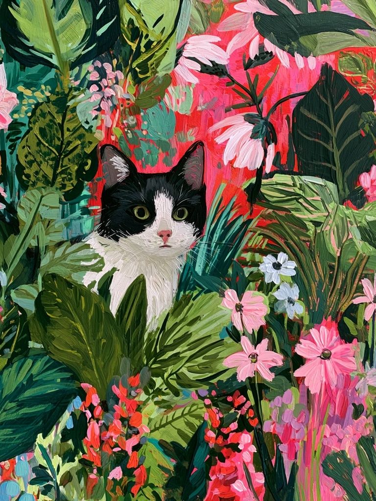 Cat in Tropical Garden Illustration Poster. poster — animals art