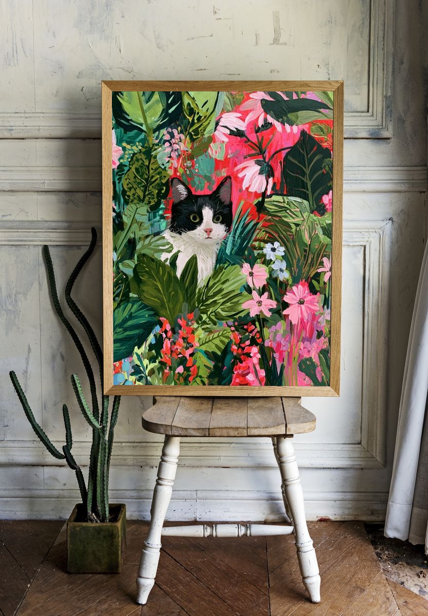Cat in Tropical Garden Illustration Poster. — room view 1