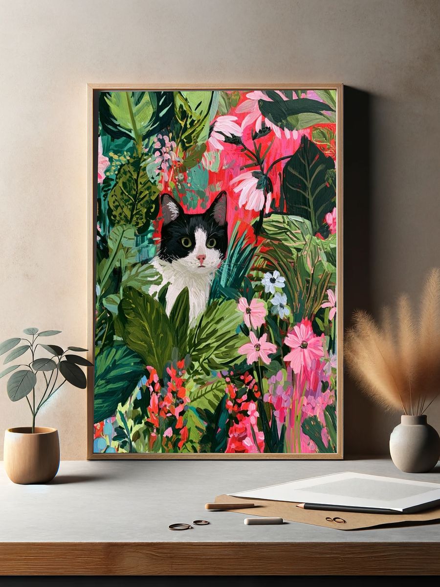 Cat in Tropical Garden Illustration Poster. — room view 2