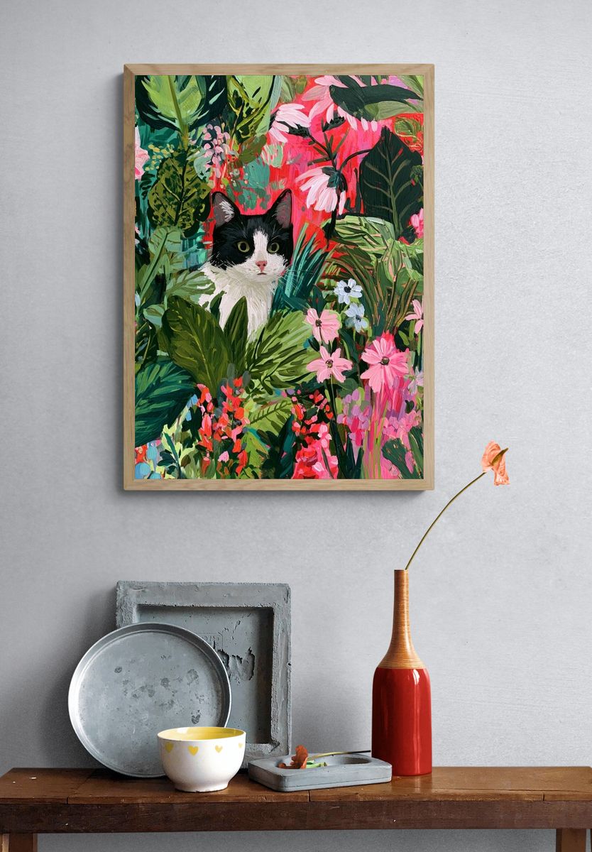 Cat in Tropical Garden Illustration Poster. — room view 3