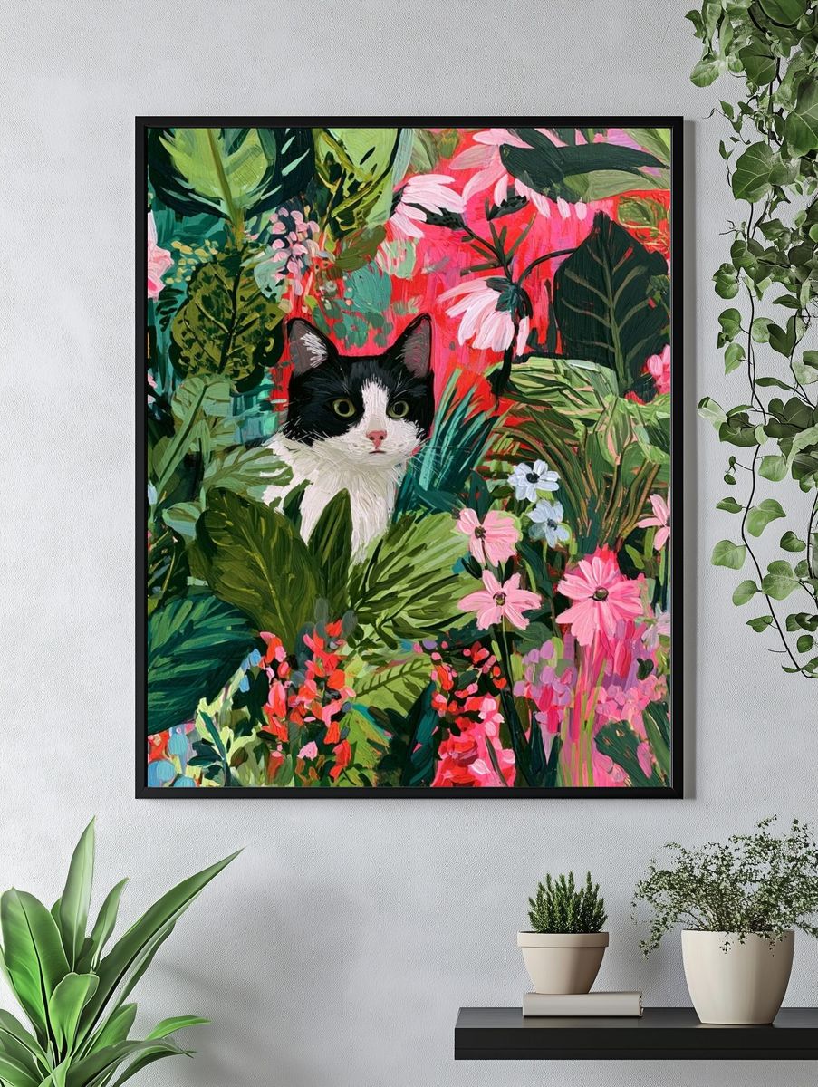 Cat in Tropical Garden Illustration Poster. — room view 4