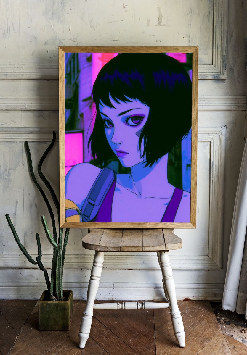 Neon Anime Girl Portrait Poster. — room view 1