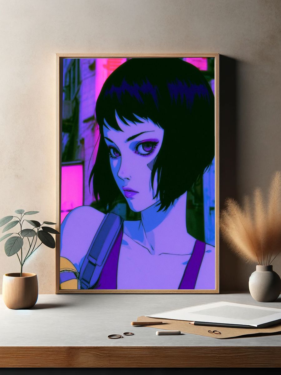 Neon Anime Girl Portrait Poster. — room view 2