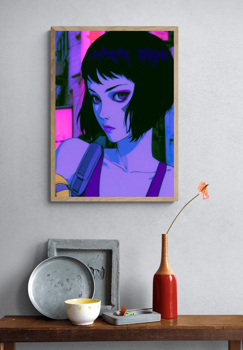 Neon Anime Girl Portrait Poster. — room view 3