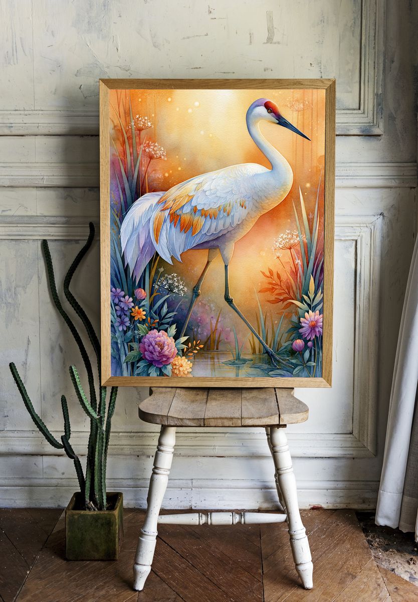 Crane in Bloom Illustration Poster. room preview