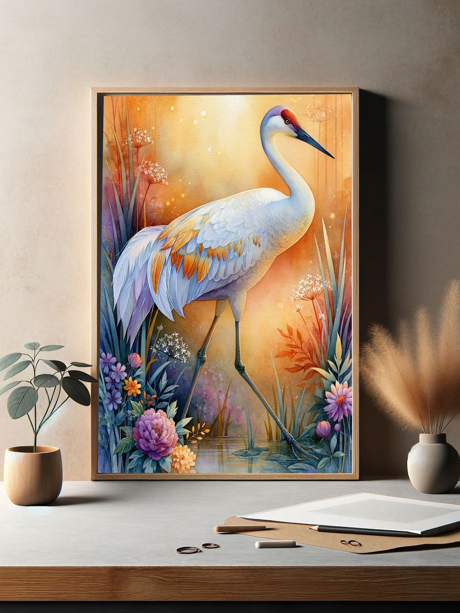 Crane in Bloom Illustration Poster. — room view 2