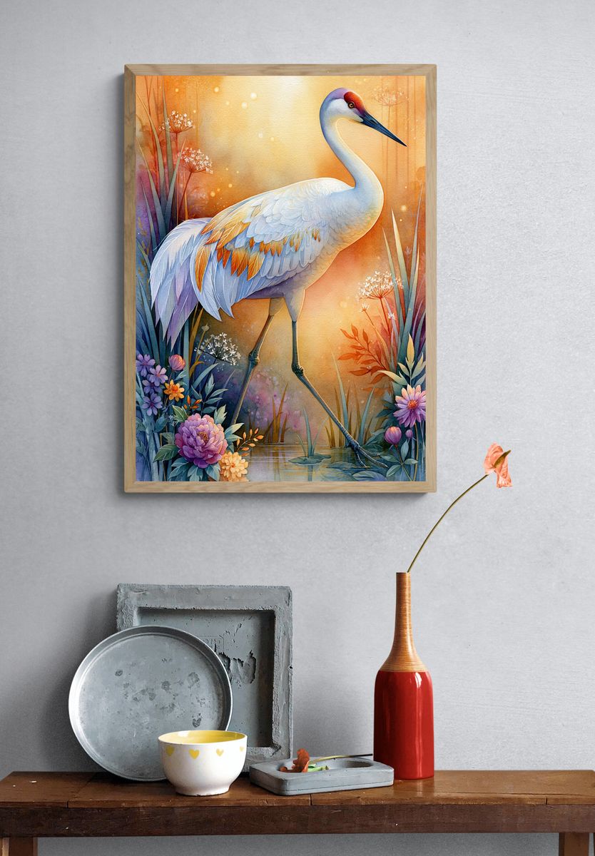 Crane in Bloom Illustration Poster. — room view 3