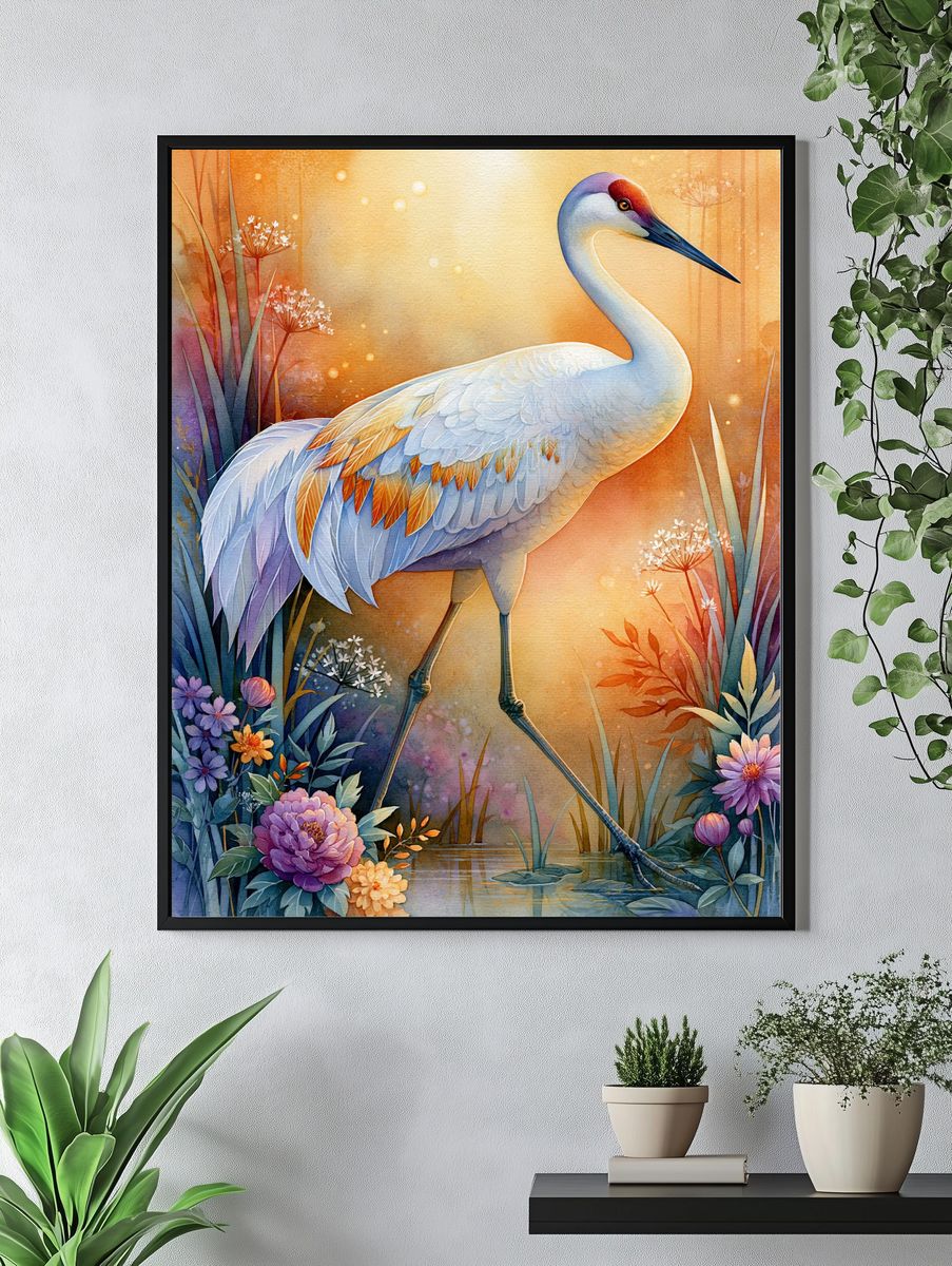 Crane in Bloom Illustration Poster. — room view 4