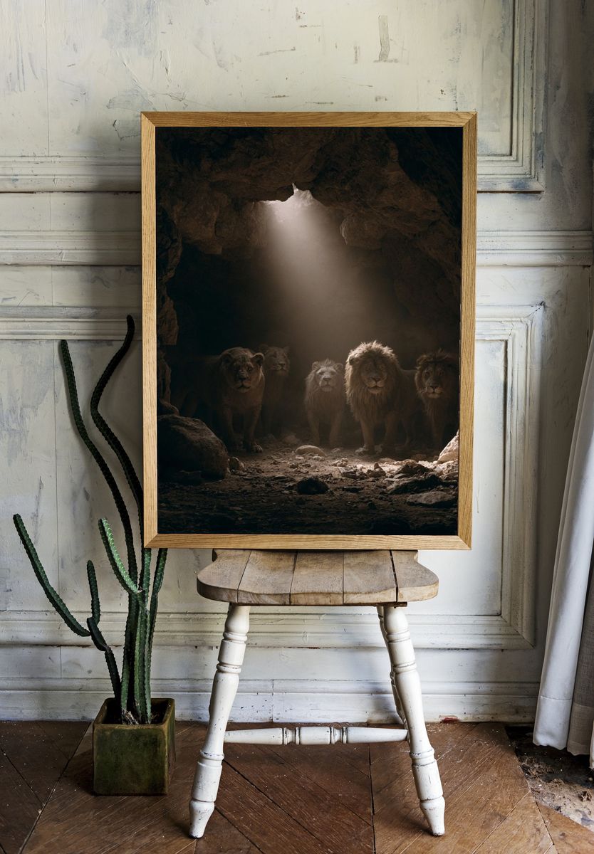 Lions in Cave Light Poster. — room view 1