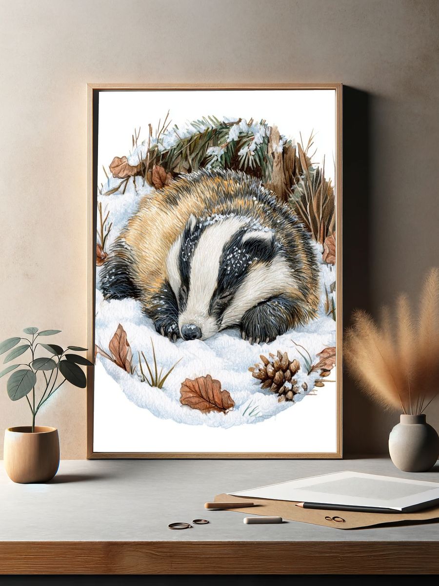 Sleeping Badger Winter Watercolor Poster. — room view 2