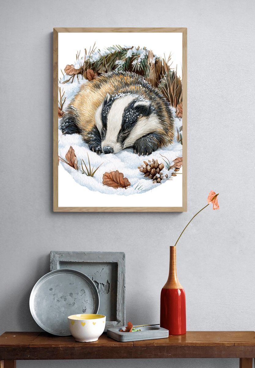 Sleeping Badger Winter Watercolor Poster. — room view 3
