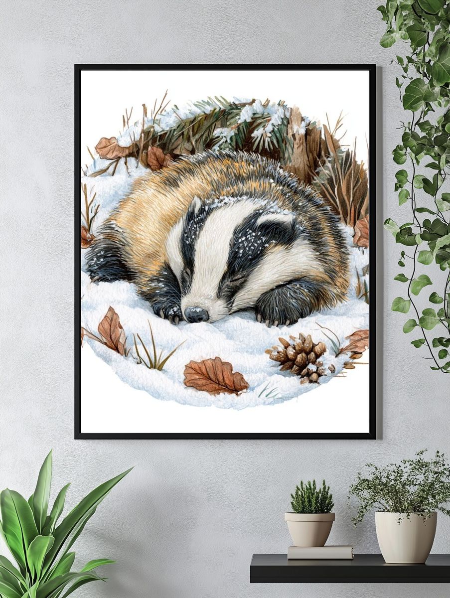 Sleeping Badger Winter Watercolor Poster. — room view 4