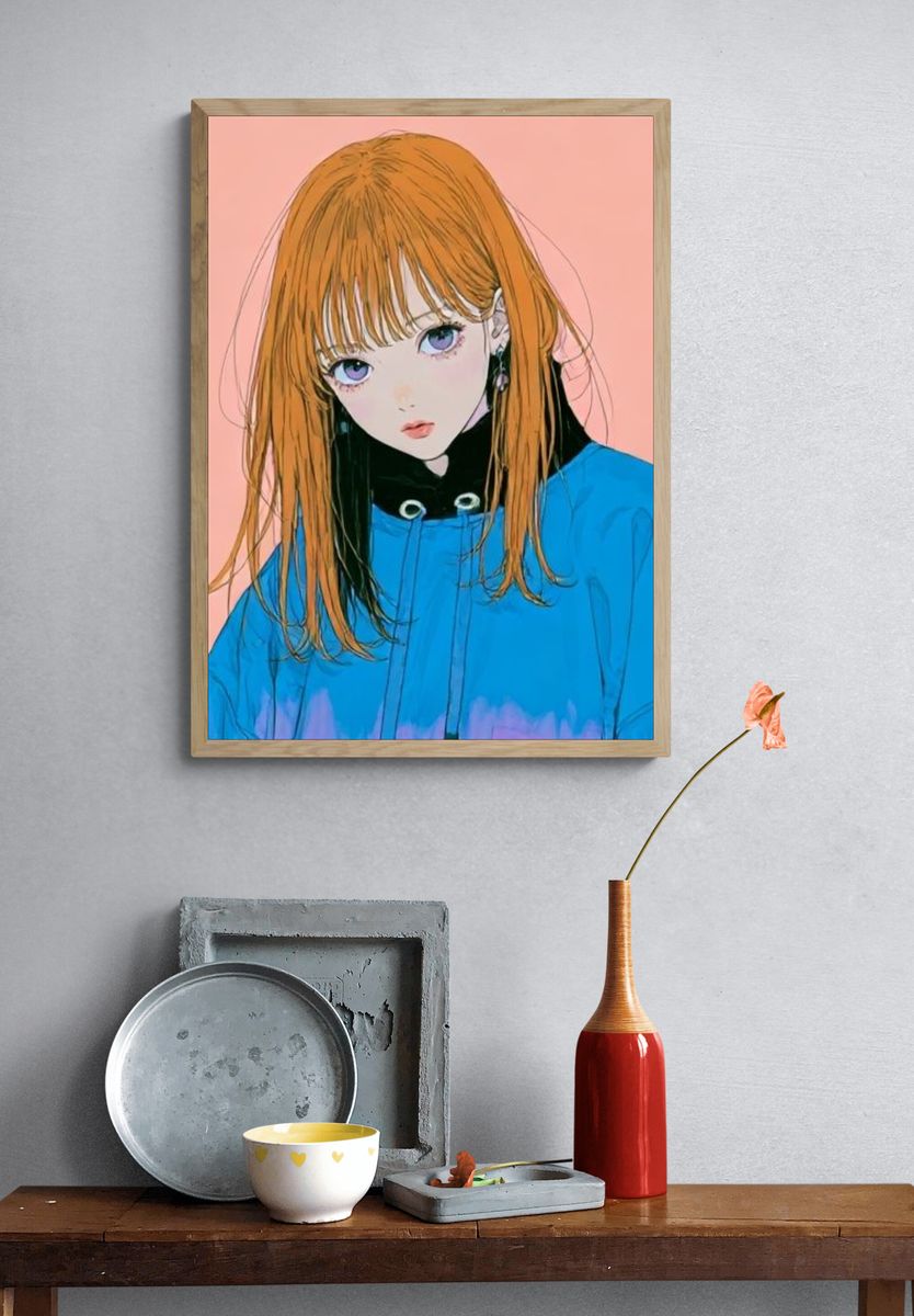 Orange-Haired Anime Portrait Poster. — room view 3