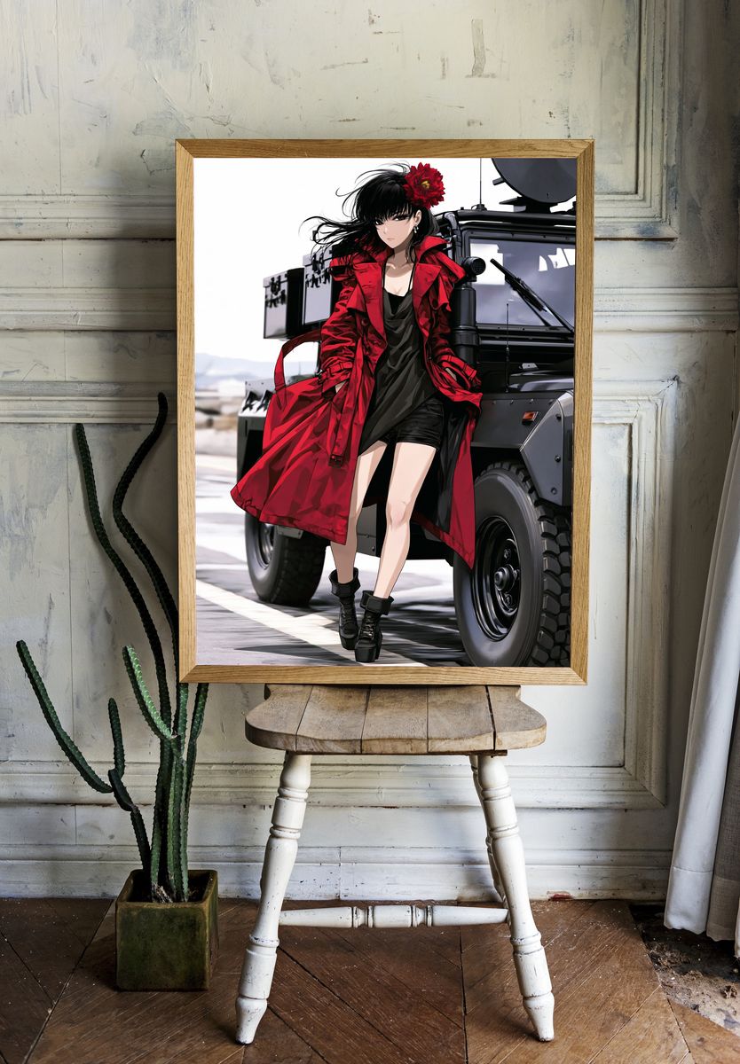 Anime Woman in Red Coat Poster. room preview