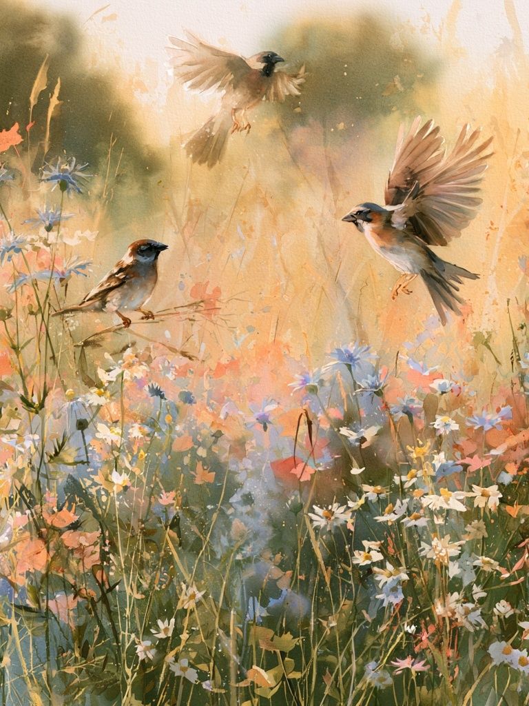 Sparrows in Wildflower Meadow Print. poster — animals art