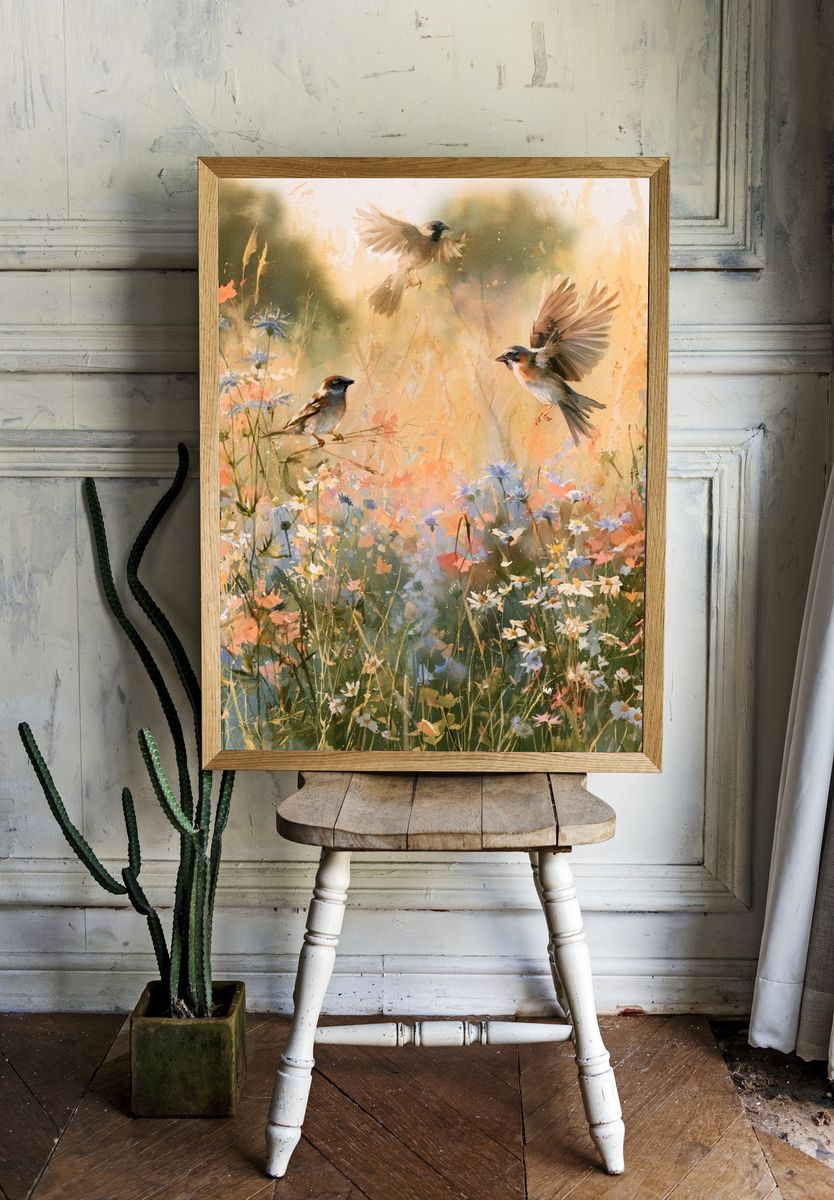 Sparrows in Wildflower Meadow Print. — room view 1