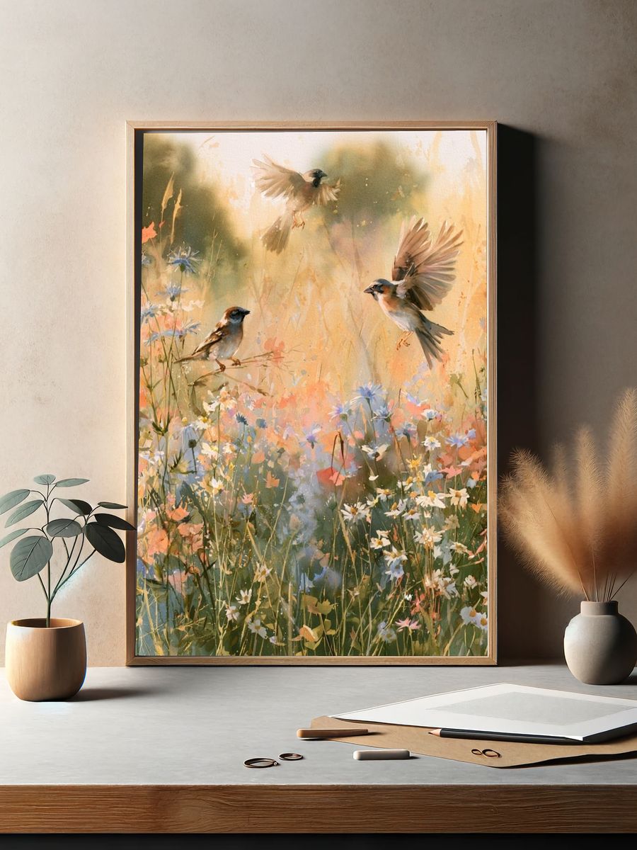 Sparrows in Wildflower Meadow Print. — room view 2