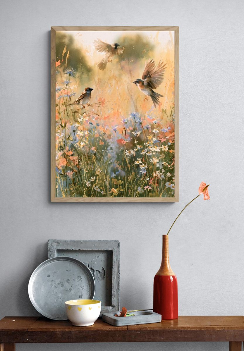 Sparrows in Wildflower Meadow Print. — room view 3