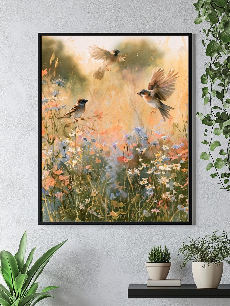 Sparrows in Wildflower Meadow Print. — room view 4