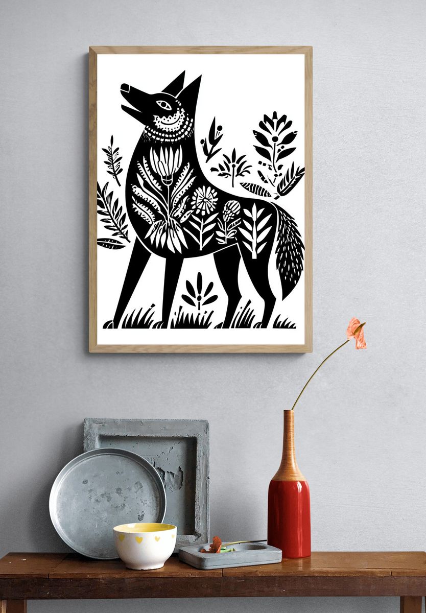 Botanical Wolf Line-Art Poster. — room view 3
