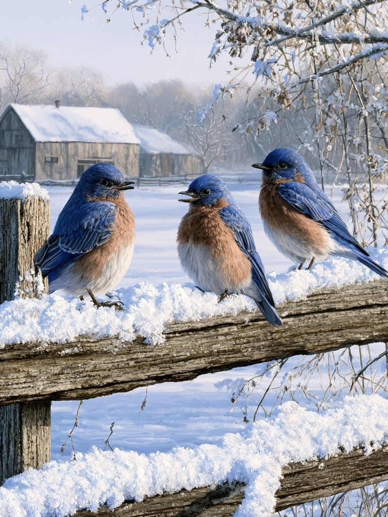 Bluebirds in Winter Landscape Poster. poster detail