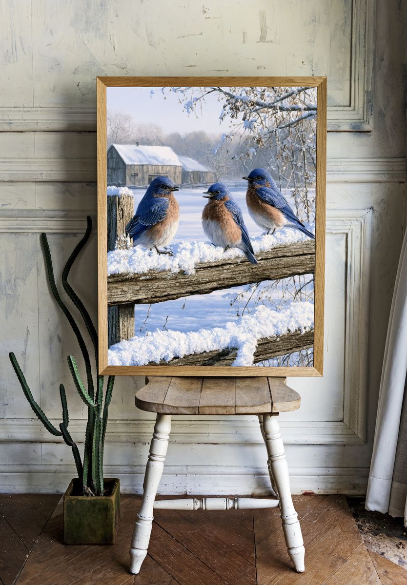 Bluebirds in Winter Landscape Poster. — room view 1
