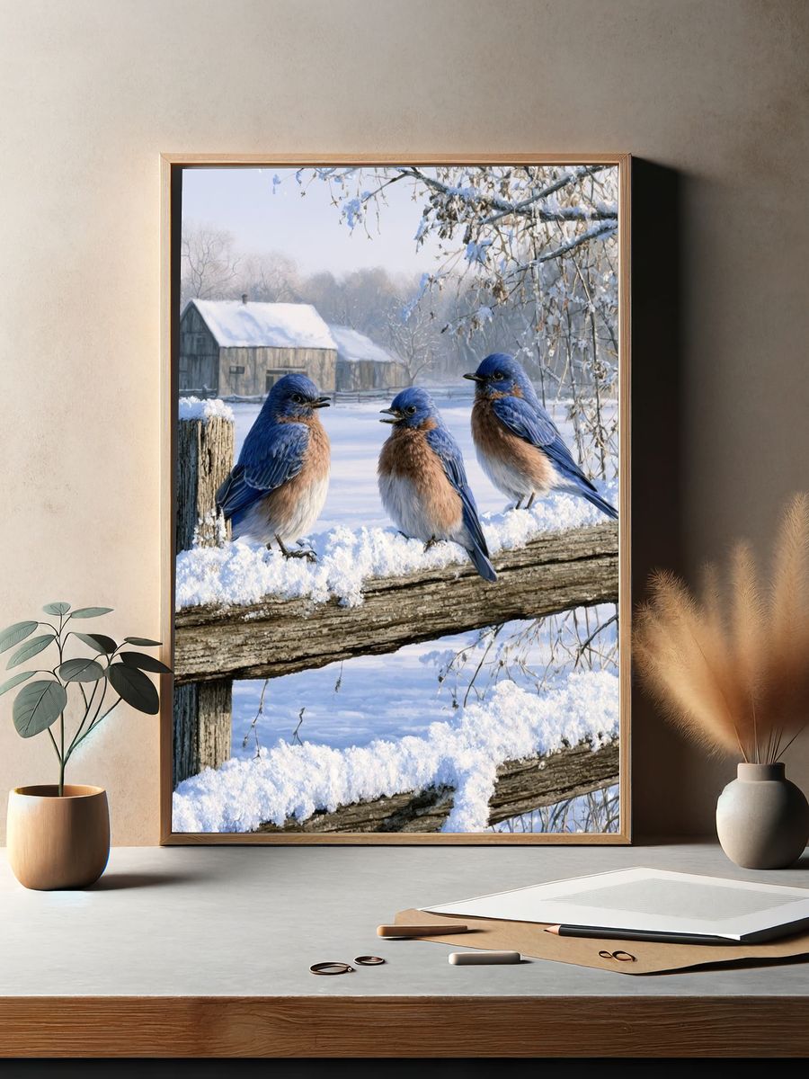 Bluebirds in Winter Landscape Poster. — room view 2