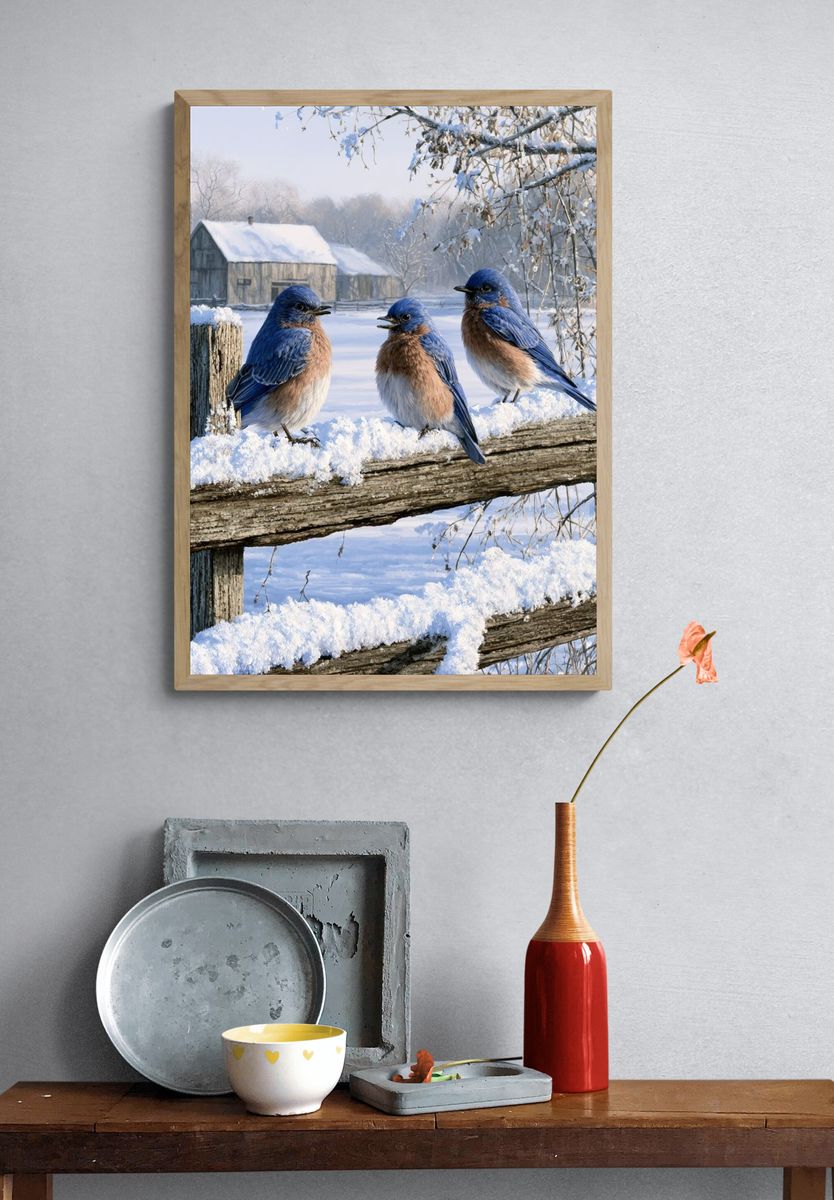 Bluebirds in Winter Landscape Poster. — room view 3