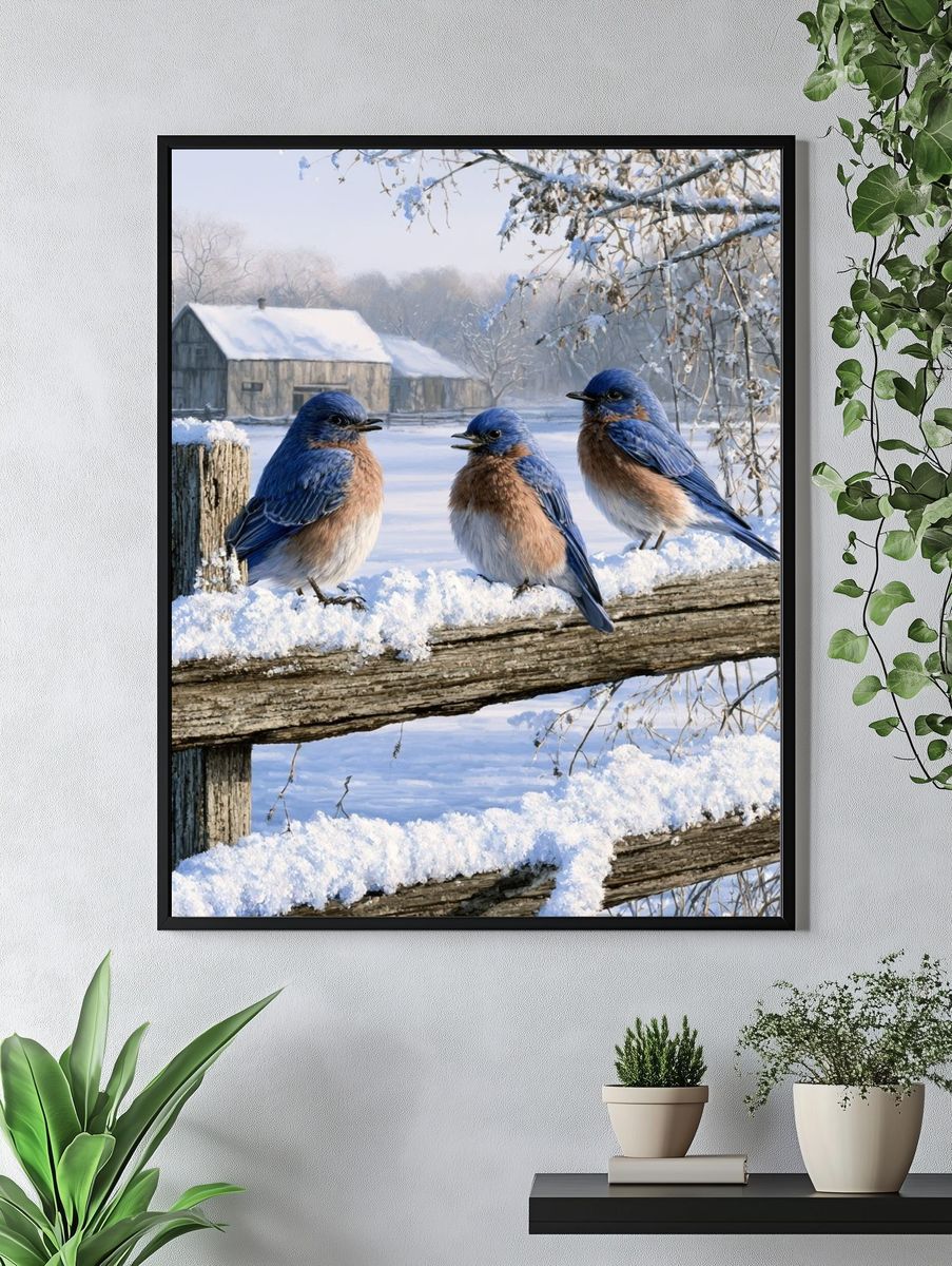 Bluebirds in Winter Landscape Poster. — room view 4