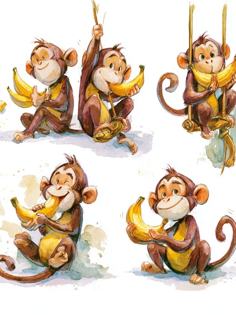 Banana Monkeys Watercolor Poster. poster — animals art