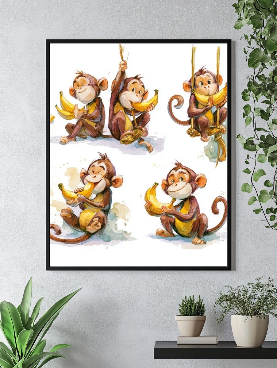 Banana Monkeys Watercolor Poster. — room view 4