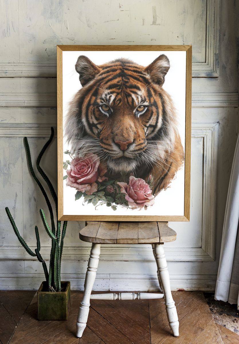 Tiger with Roses Illustration Print. — room view 1