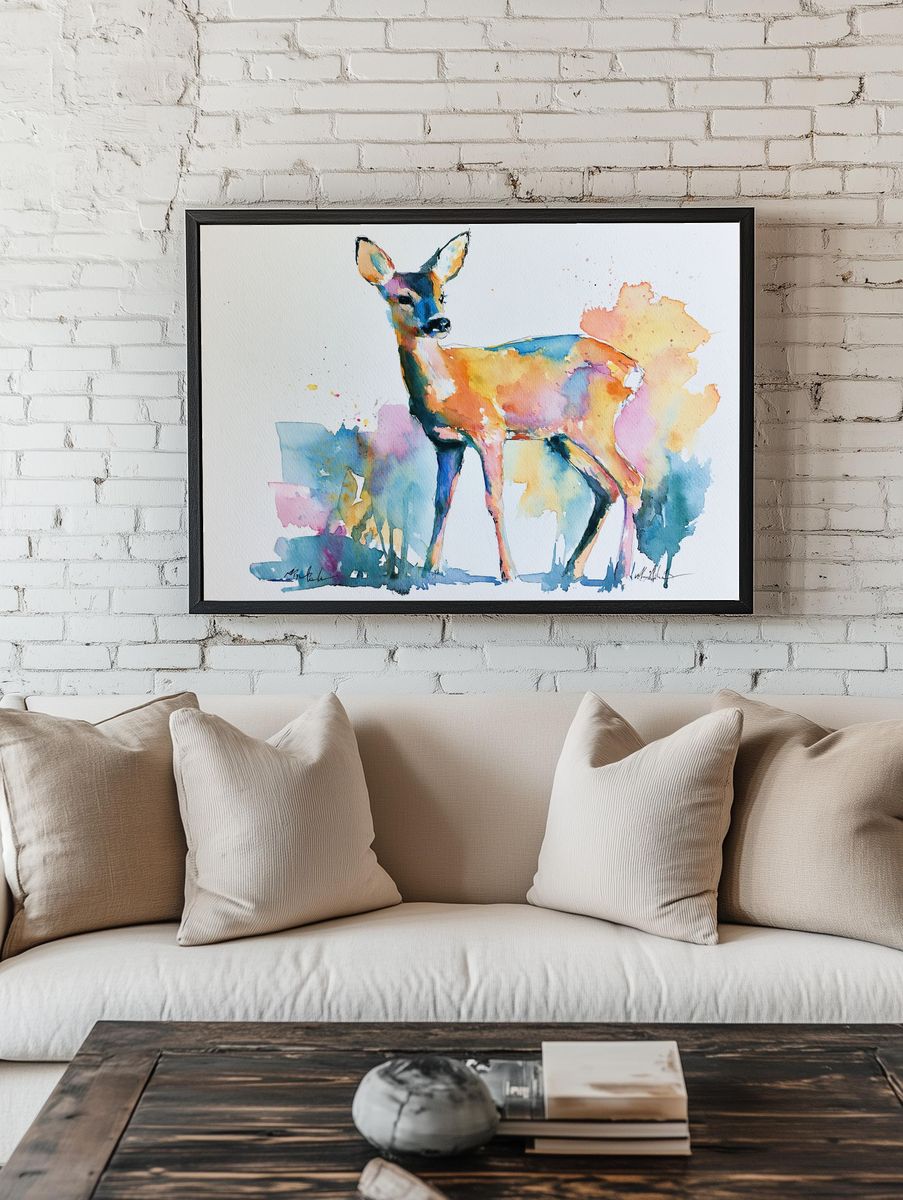 Colorful Deer Watercolor Poster. — room view 1