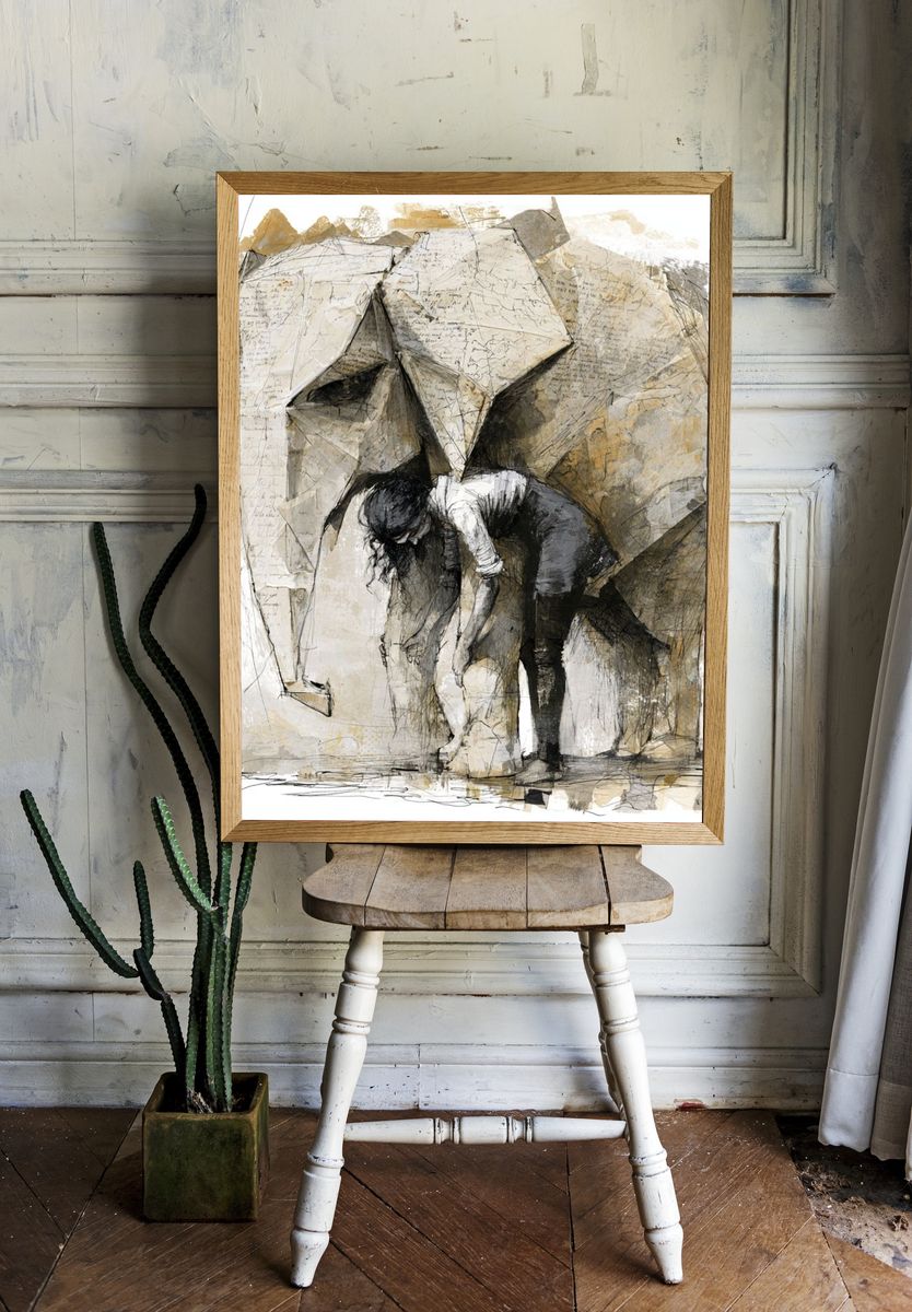 Elephant and Child Ink Poster. — room view 1