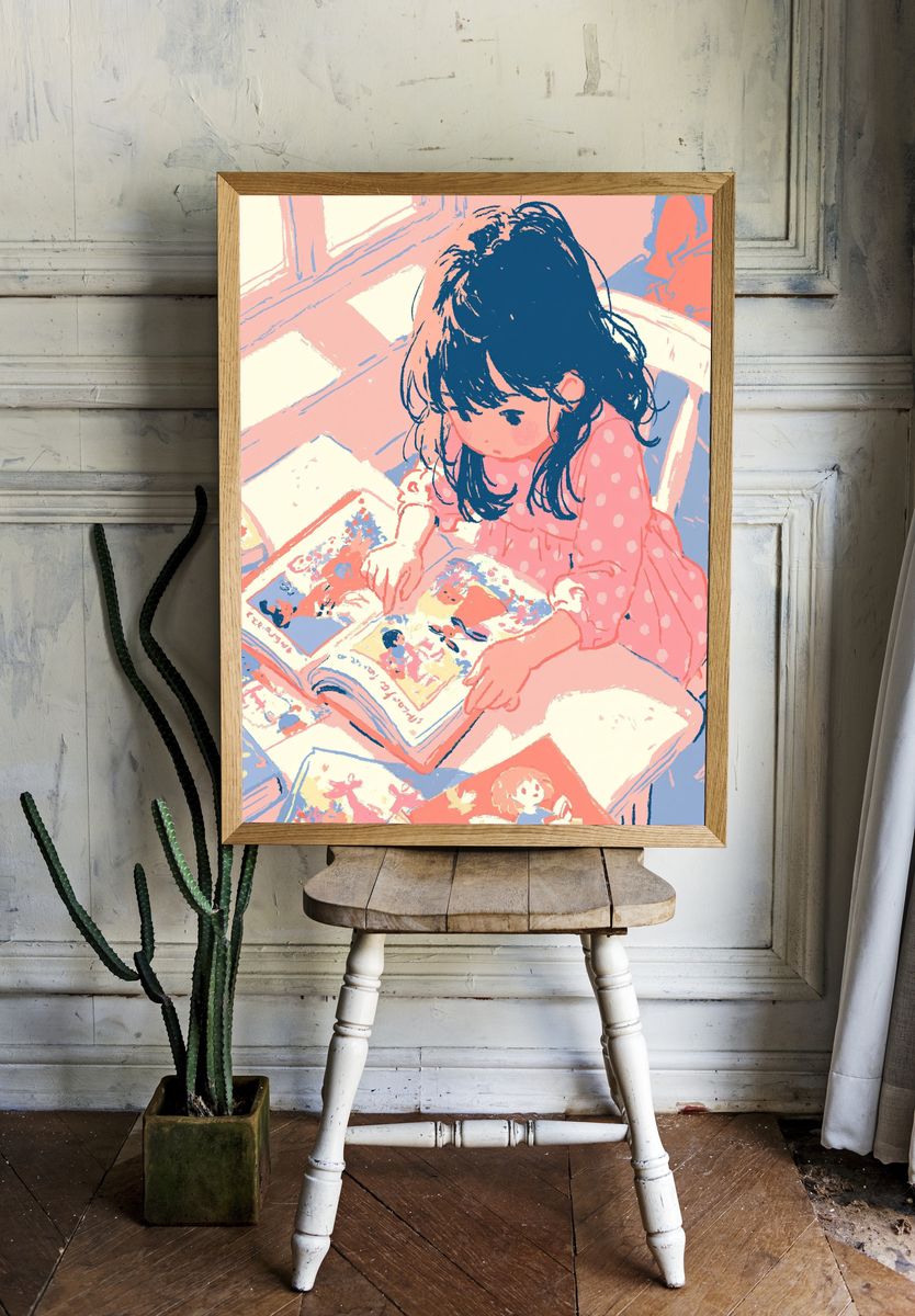 Girl Reading Manga Illustration Poster. — room view 1