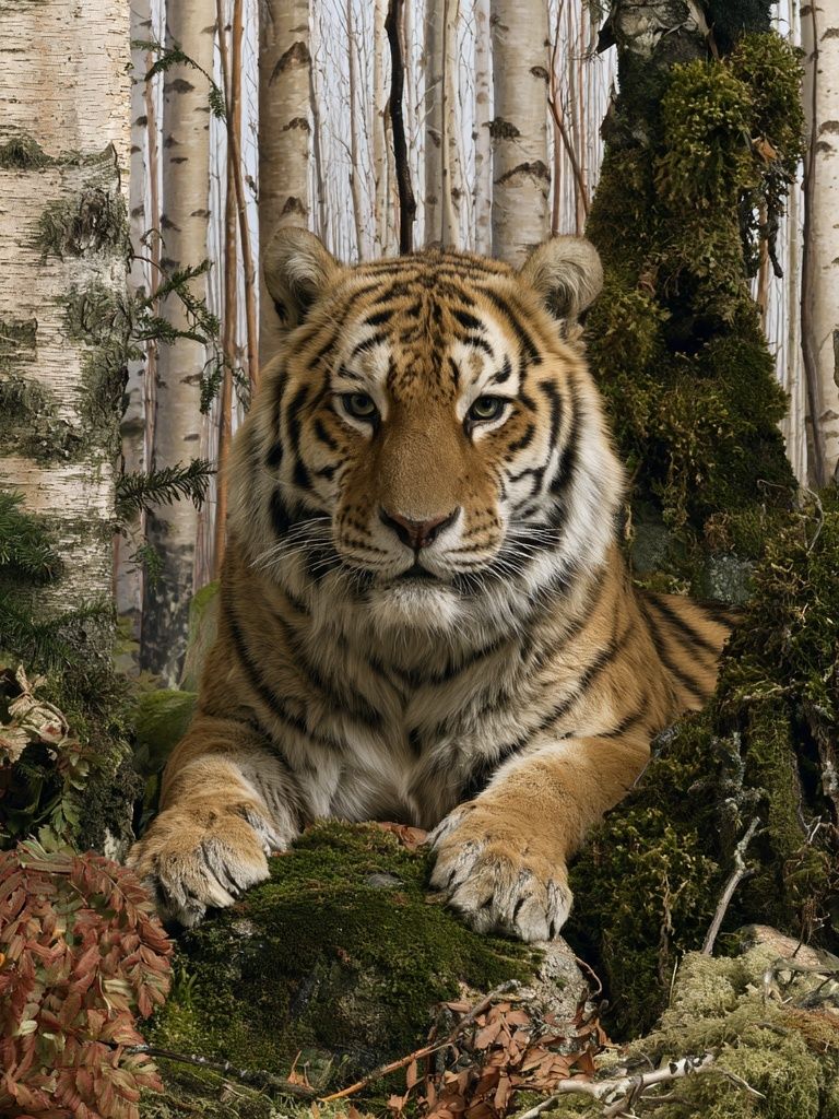 Tiger in Birch Forest Photography Poster. poster detail