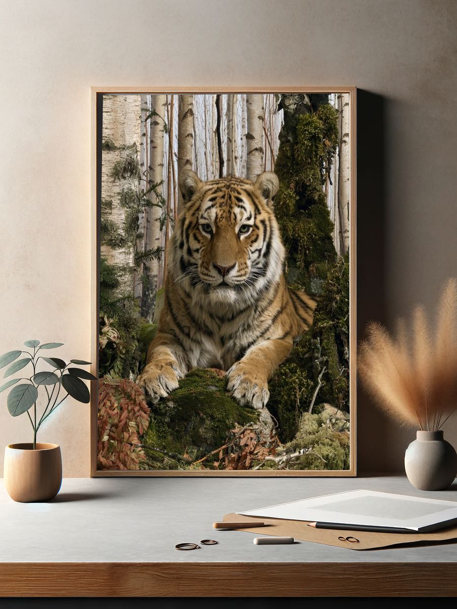 Tiger in Birch Forest Photography Poster. — room view 2