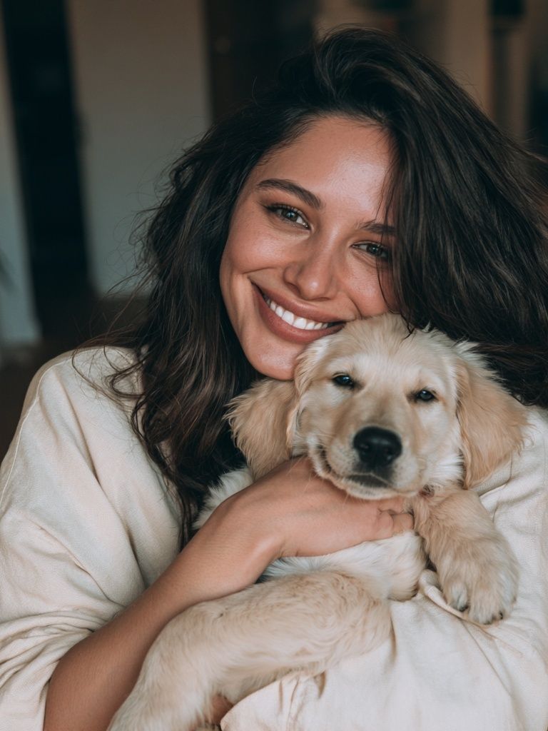 Woman with Golden Retriever Puppy Poster. poster detail