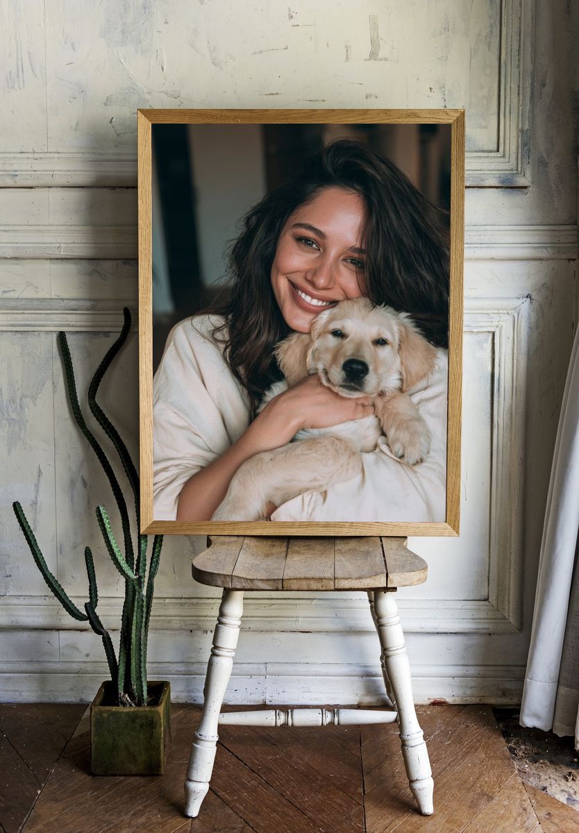 Woman with Golden Retriever Puppy Poster. — room view 1